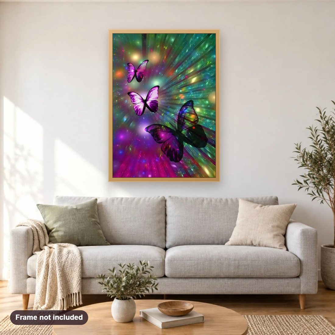 Amazing Butterflies diamond painting shown framed on a living room wall above a sofa