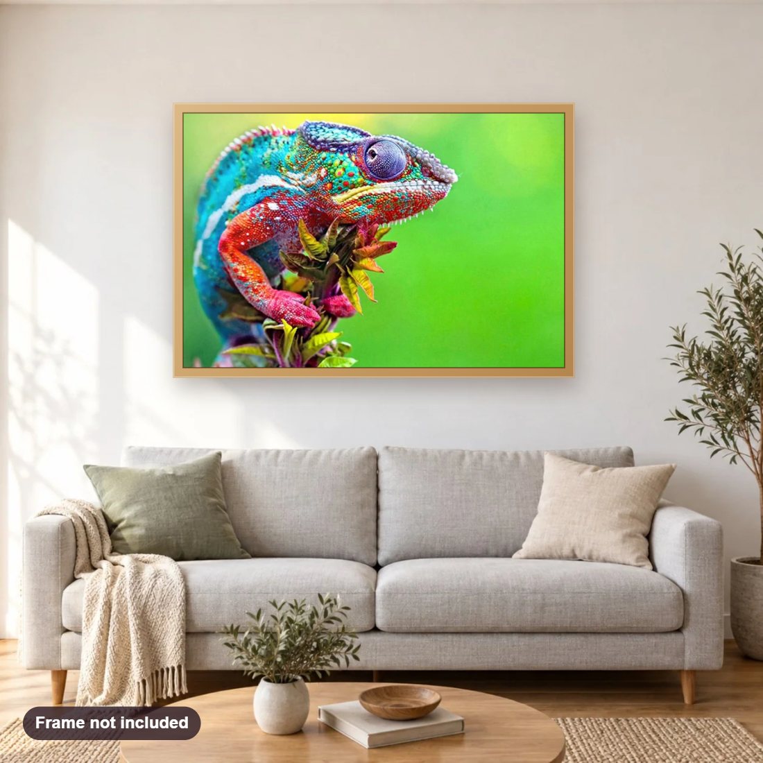 Amazing Chameleon diamond painting shown framed on a living room wall above a sofa