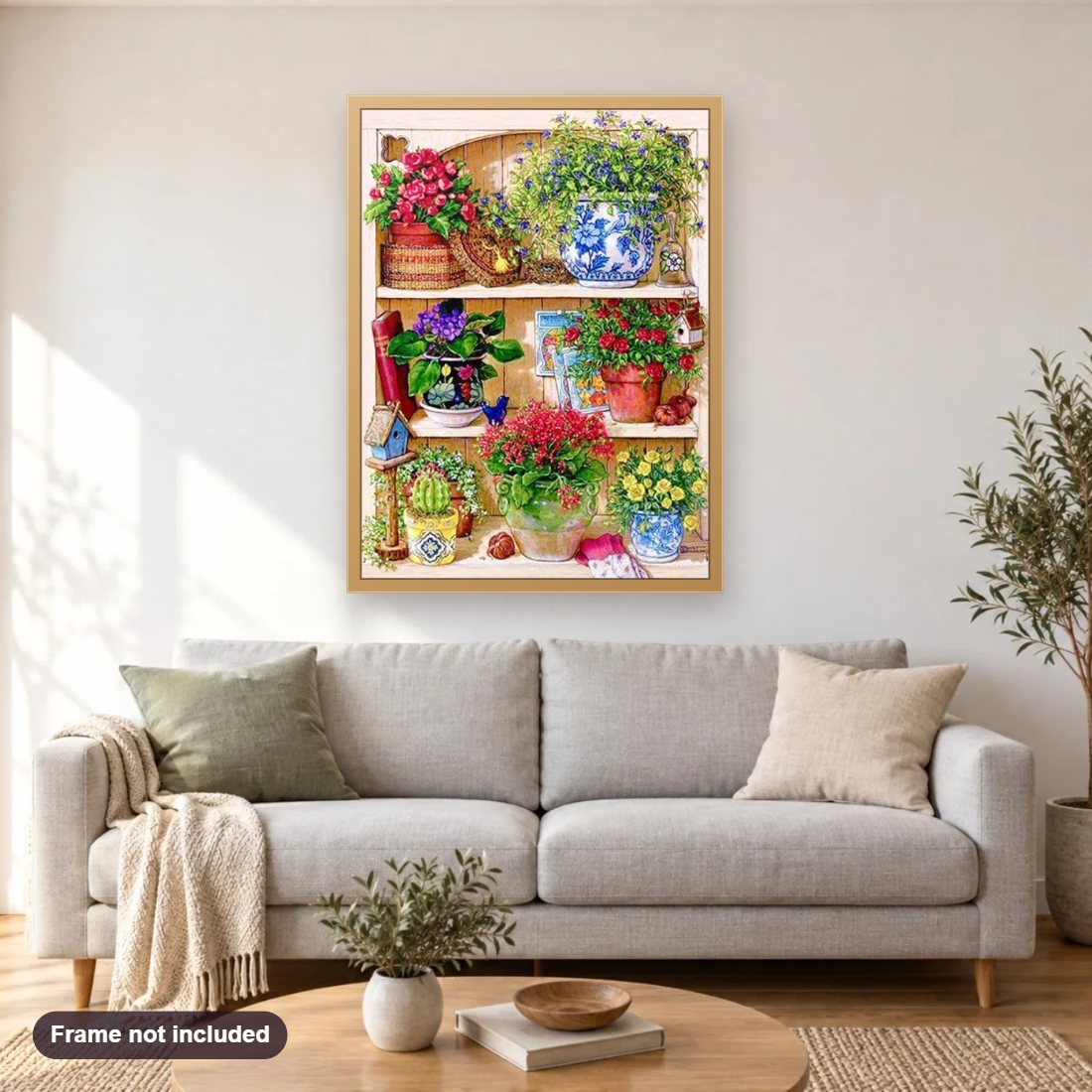 Amazing Flowers Corner diamond painting shown framed on a living room wall above a sofa