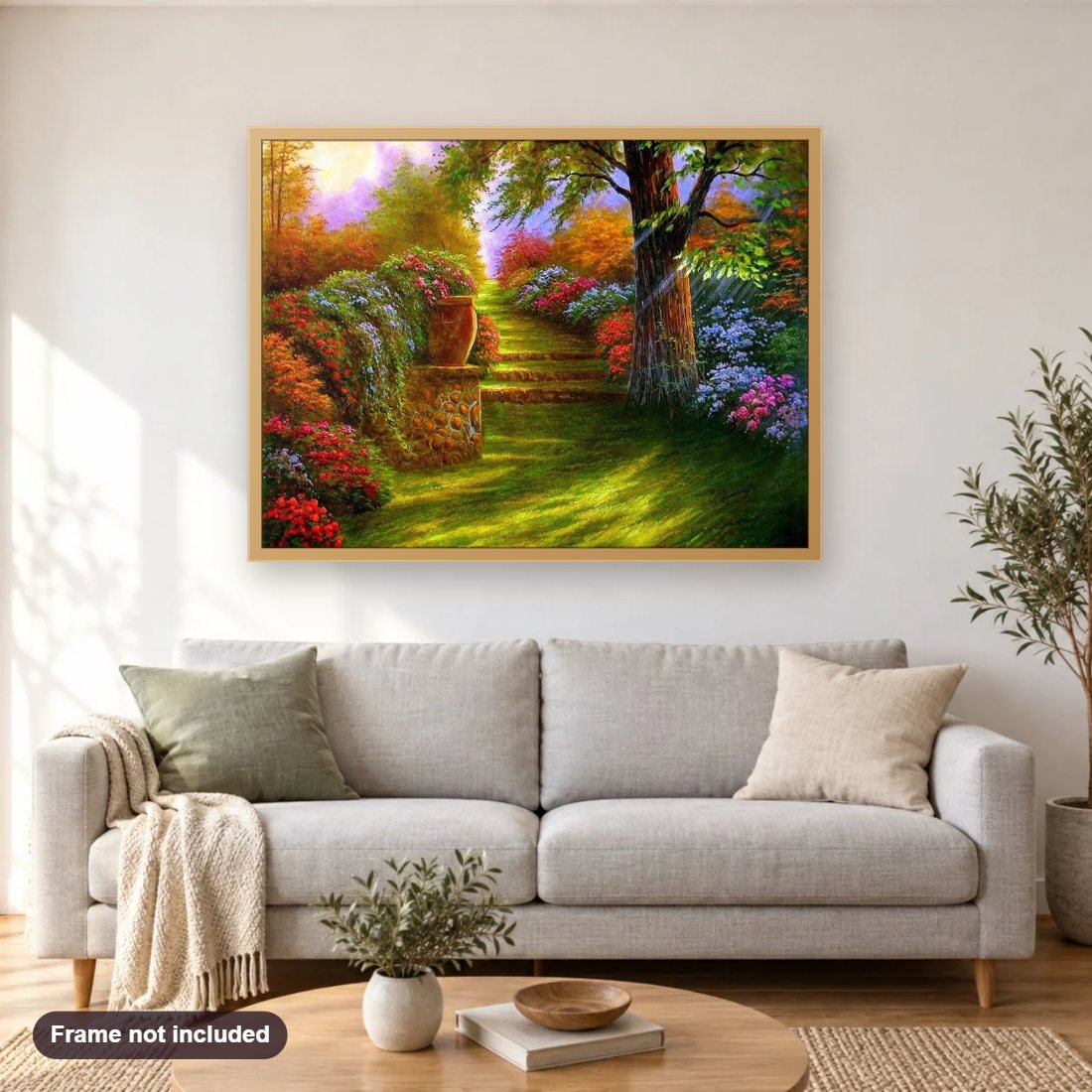 Amazing Garden Sunshine diamond painting shown framed on a living room wall above a sofa