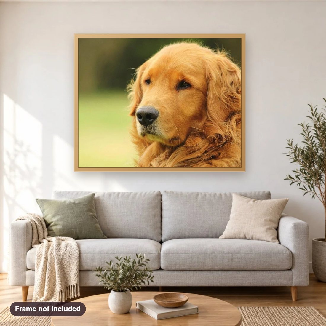 Amazing Golden Retriever diamond painting shown framed on a living room wall above a sofa