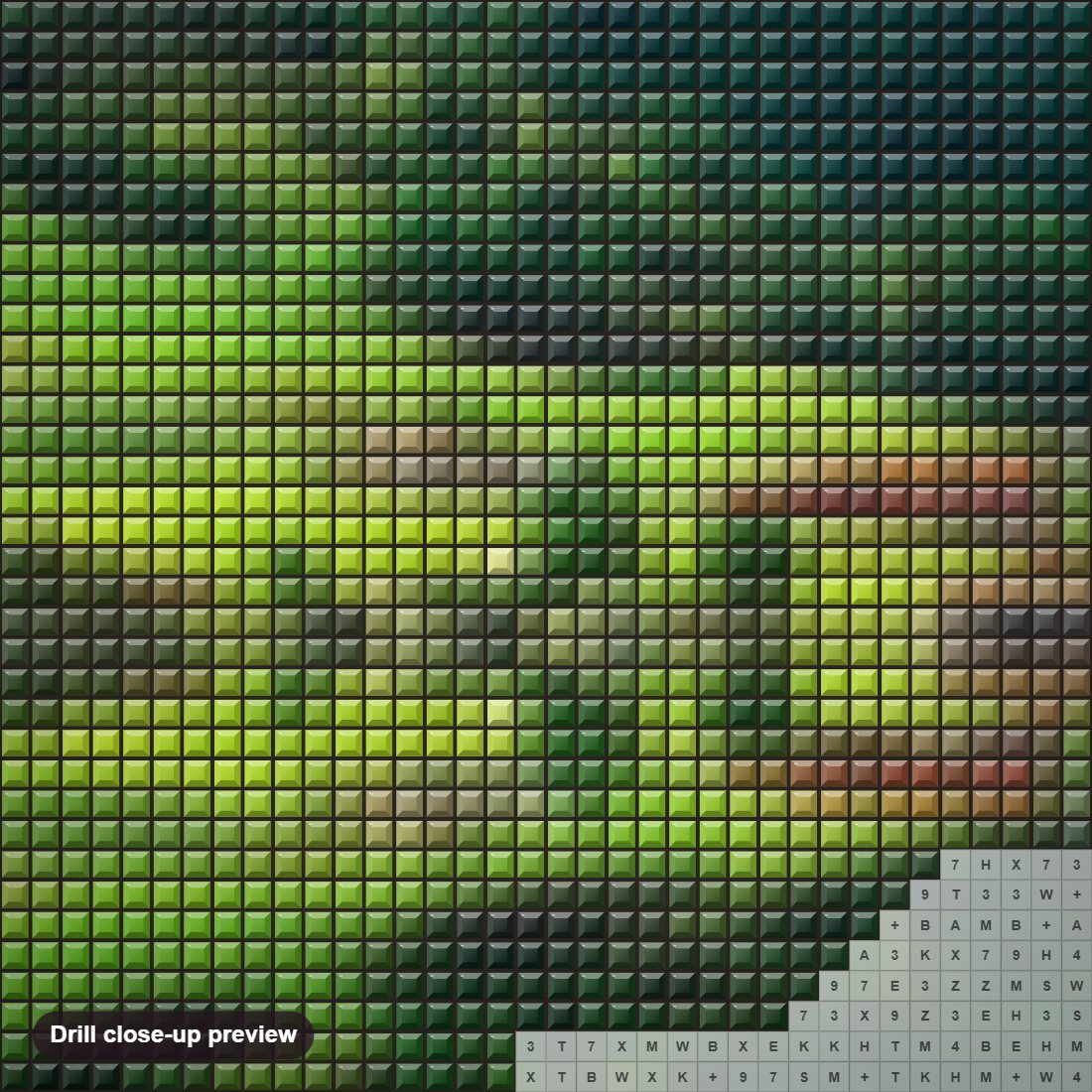 Close-up preview of the Amazing Green Valley diamond painting with square 5D drills and printed canvas symbols
