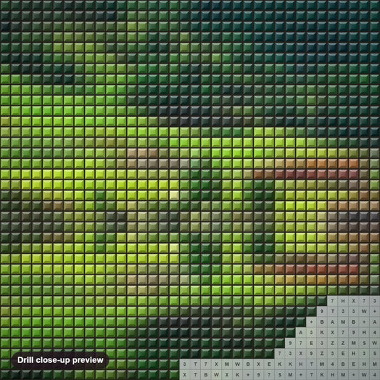 Close-up preview of the Amazing Green Valley diamond painting with square 5D drills and printed canvas symbols