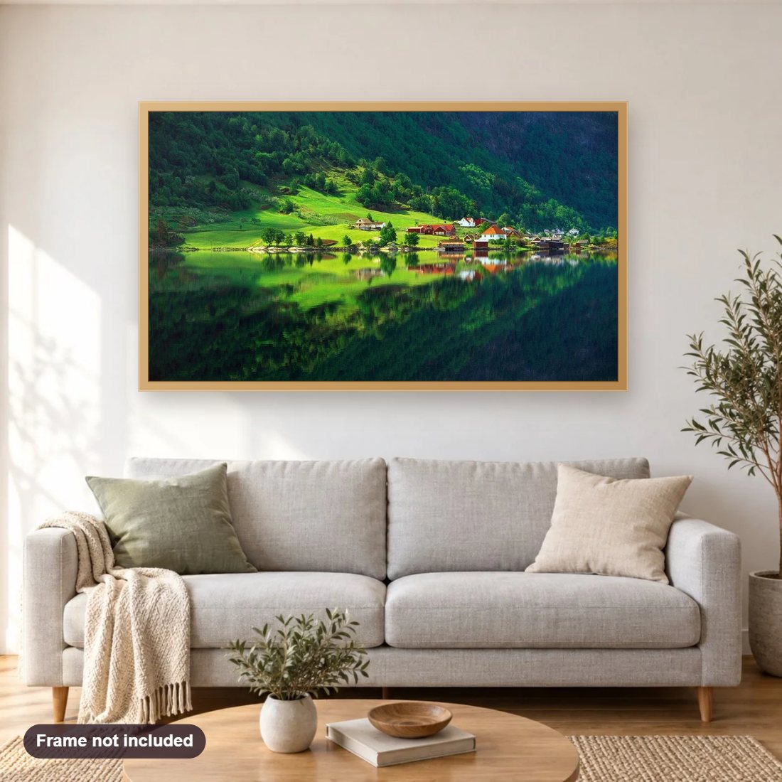 Amazing Green Valley diamond painting shown framed on a living room wall above a sofa