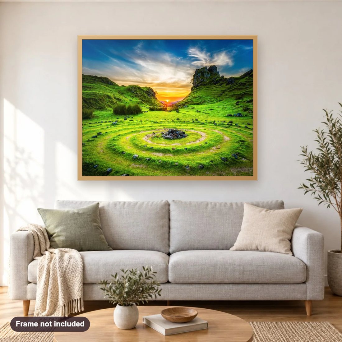 Amazing Hill Station diamond painting shown framed on a living room wall above a sofa