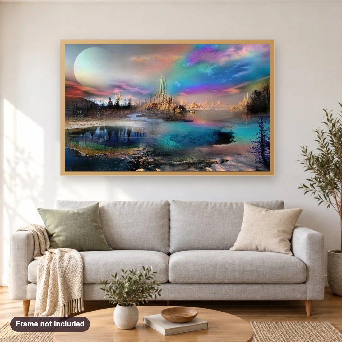 Amazing Landscape with Colorful Sky diamond painting shown framed on a living room wall above a sofa