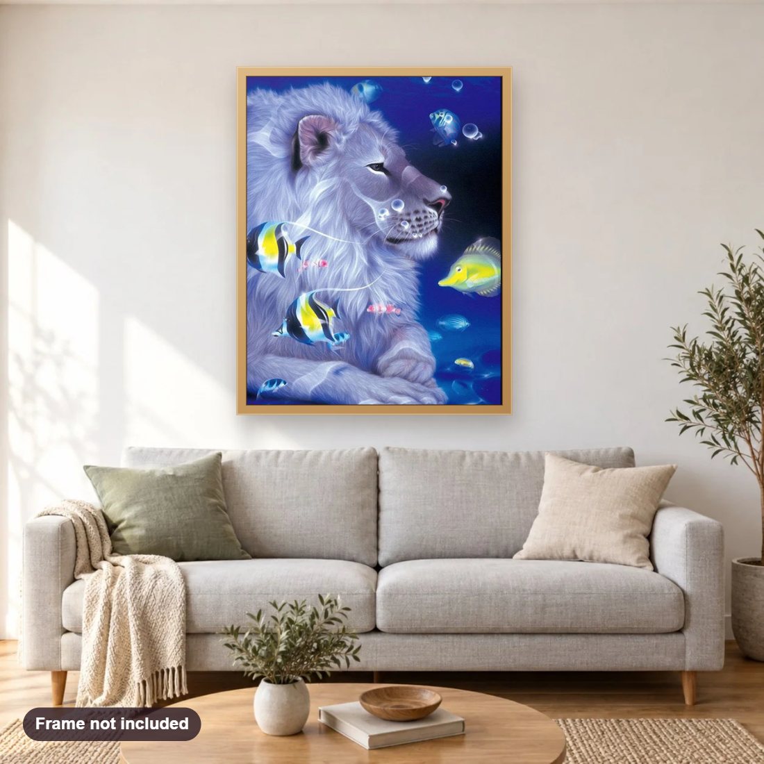 Amazing Lion & Fish Art diamond painting shown framed on a living room wall above a sofa