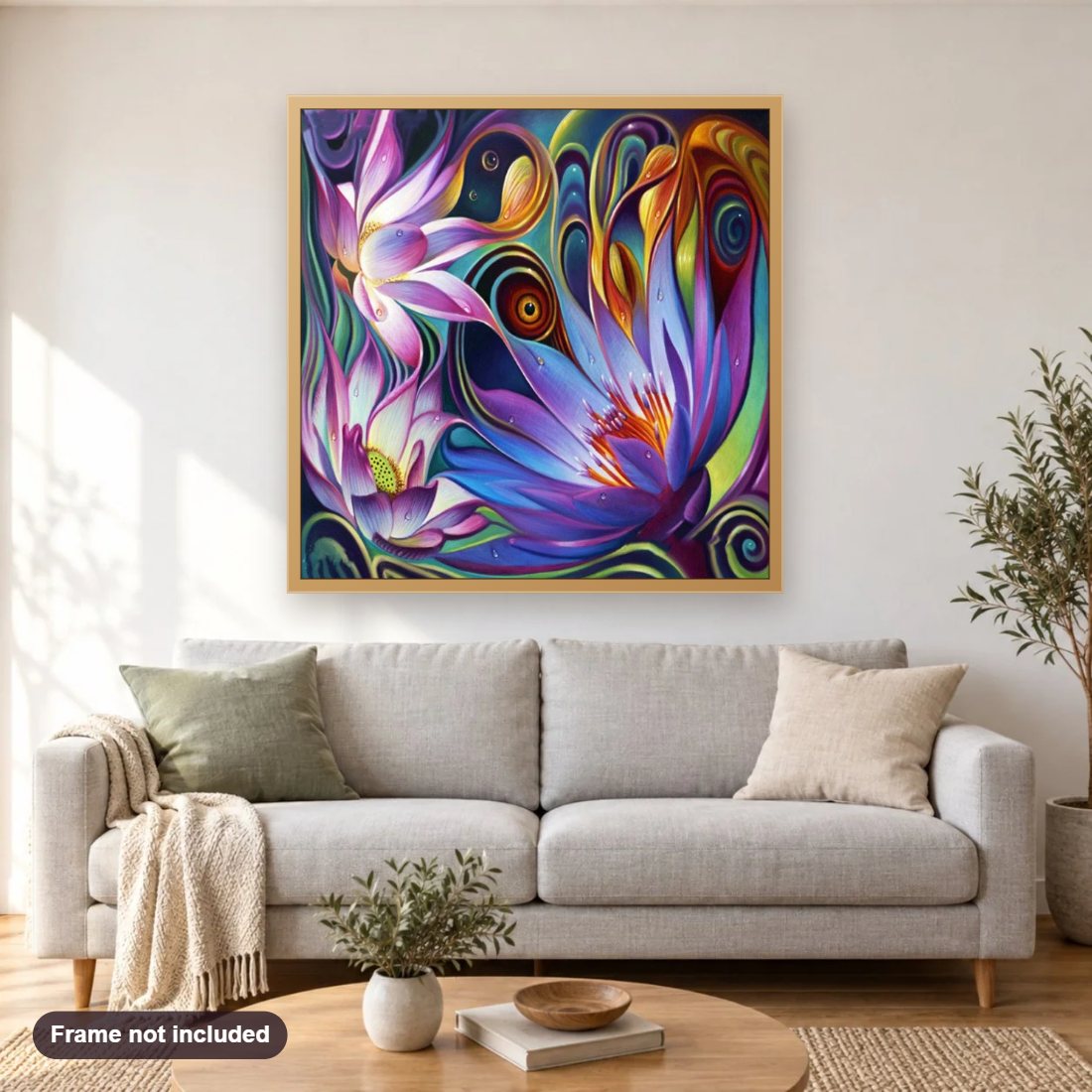 Amazing Lotus Art diamond painting shown framed on a living room wall above a sofa