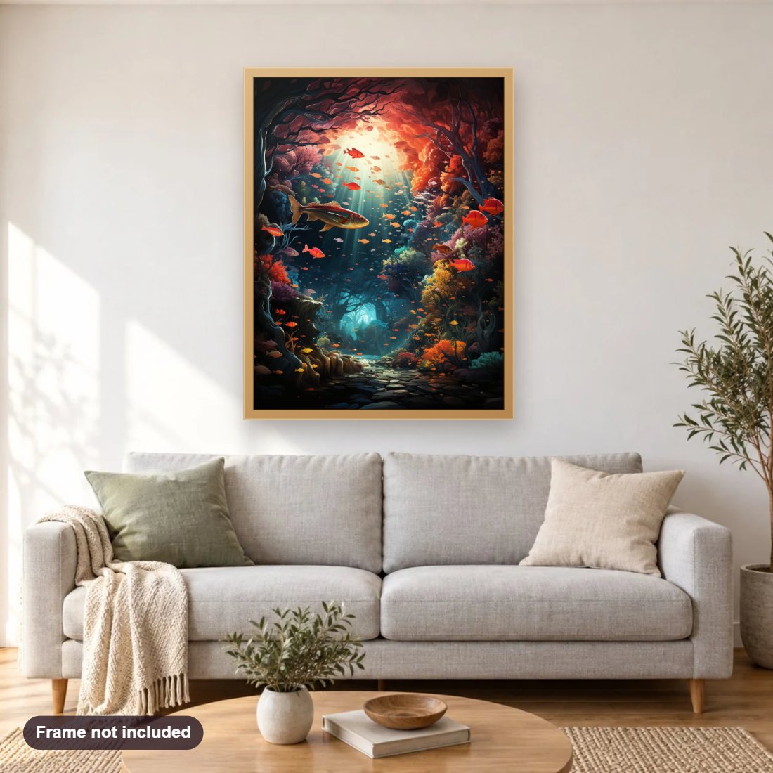 Amazing Marine Life diamond painting shown framed on a living room wall above a sofa