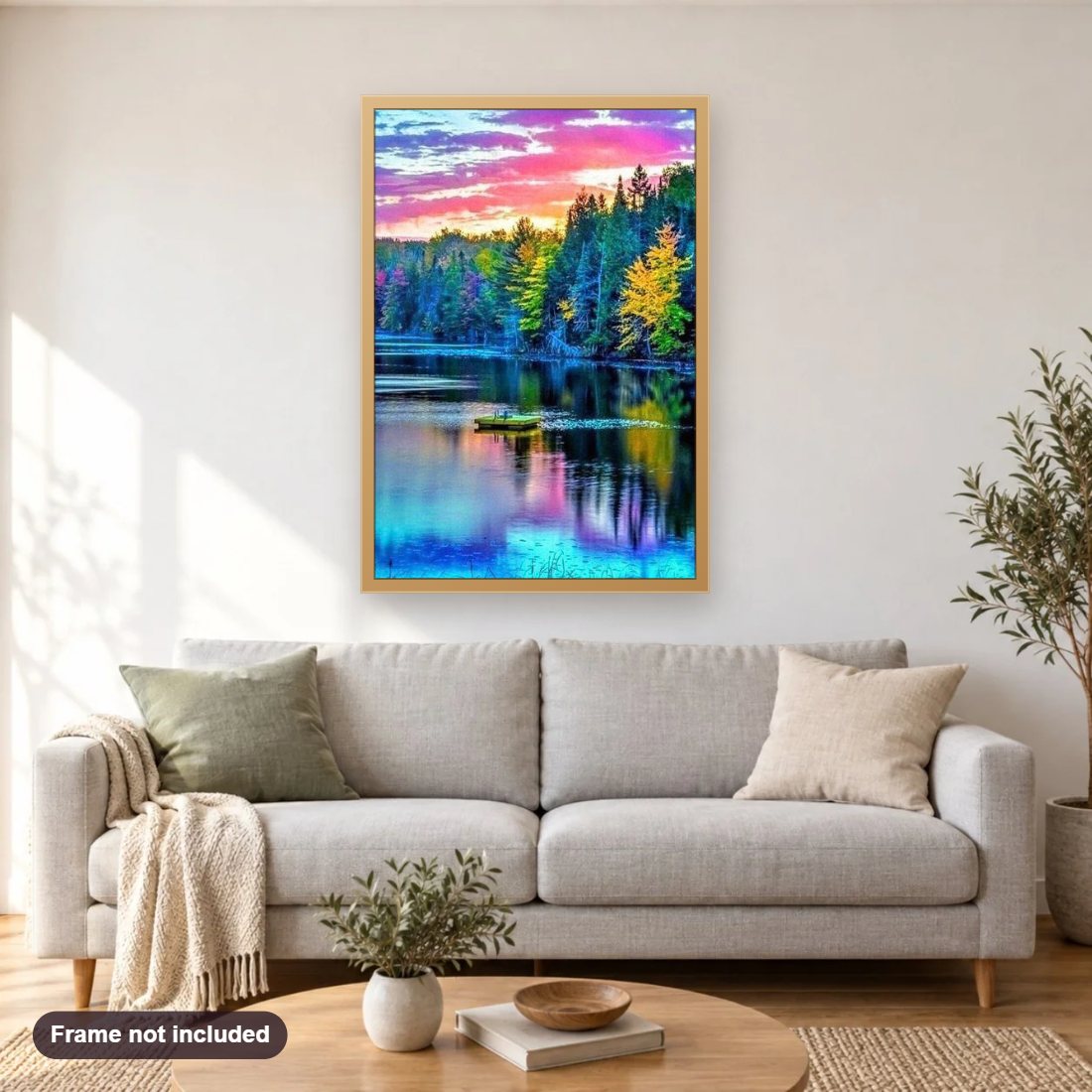 Amazing Nature Reflection diamond painting shown framed on a living room wall above a sofa