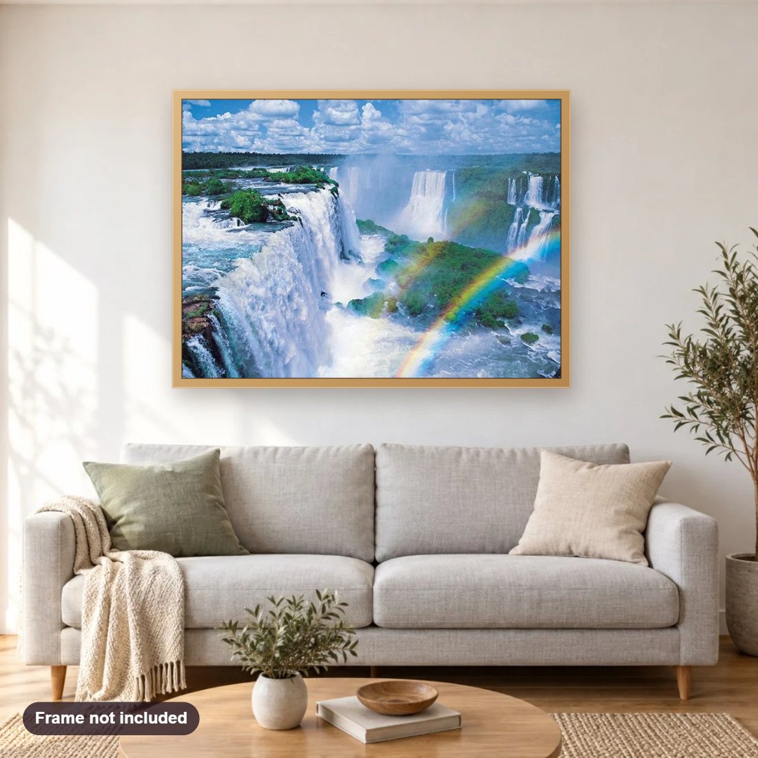 Amazing Rainbow & Waterfall diamond painting shown framed on a living room wall above a sofa