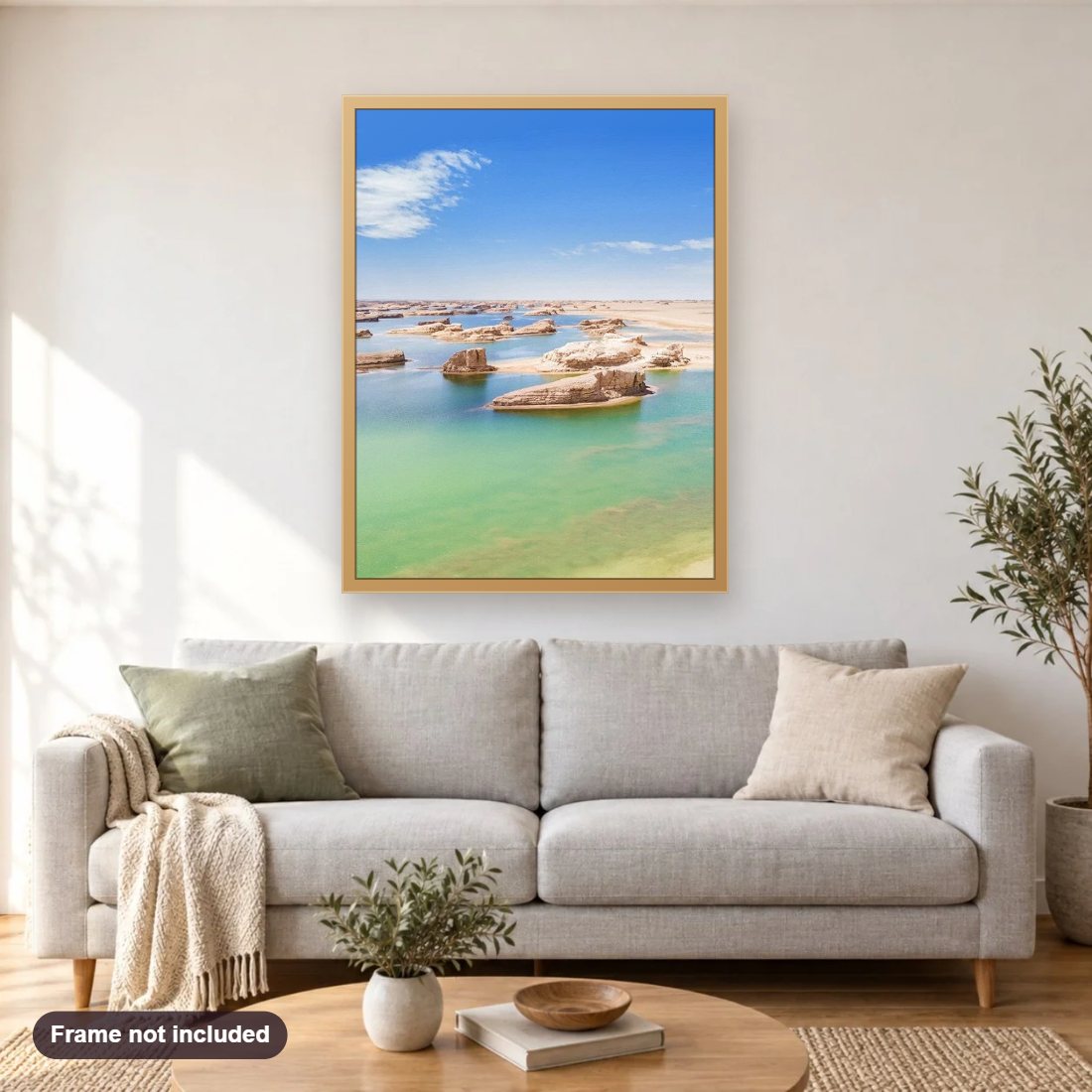 Amazing Sea Dunes diamond painting shown framed on a living room wall above a sofa