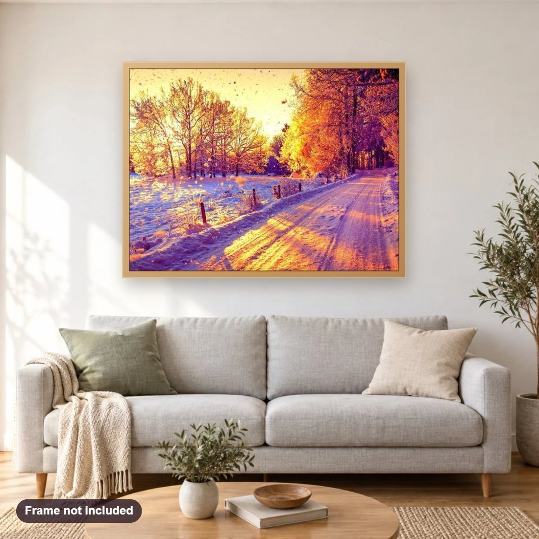 Amazing Snowy Street in Winter diamond painting shown framed on a living room wall above a sofa