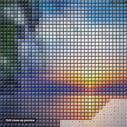 Close-up preview of the Amazing Sunset View diamond painting with square 5D drills and printed canvas symbols