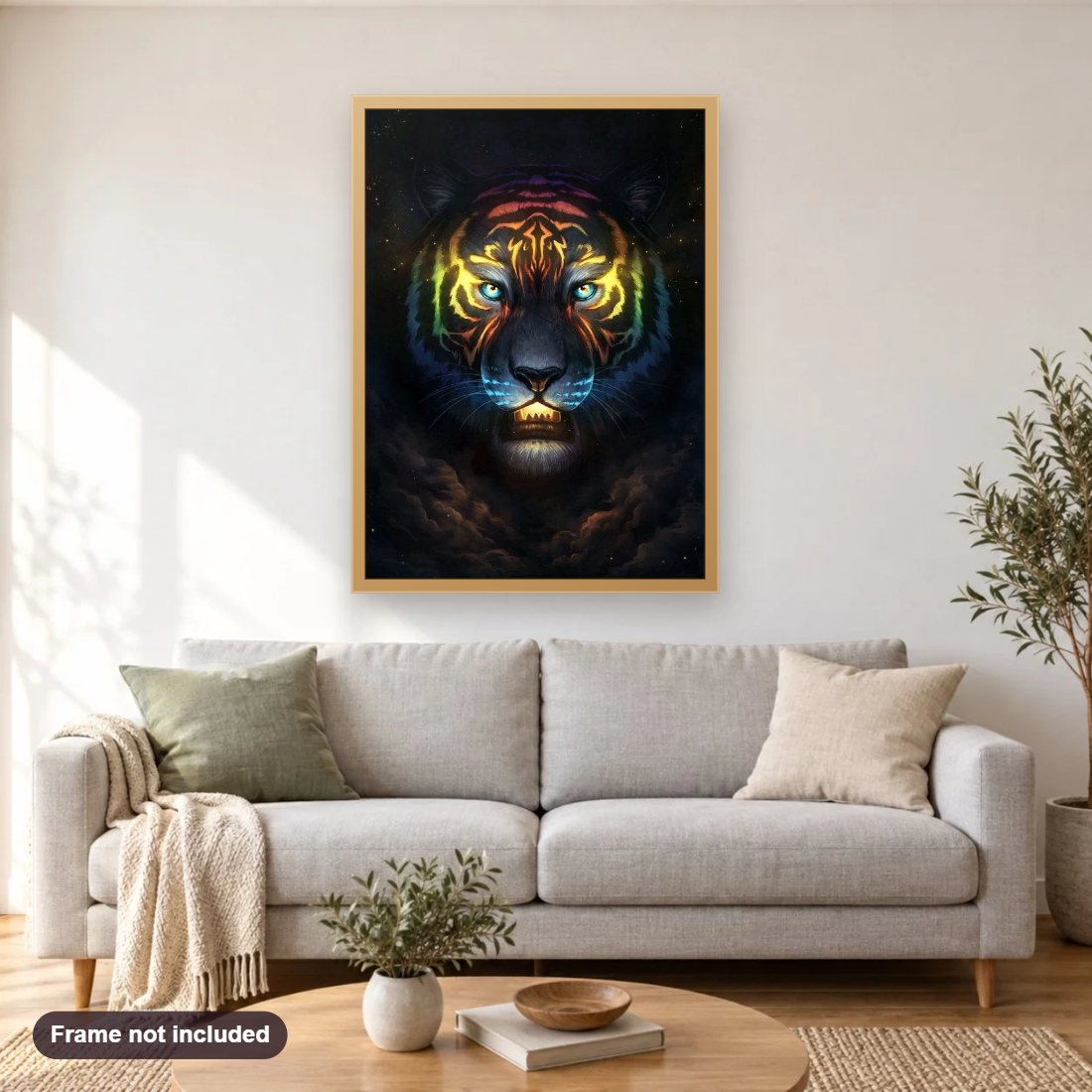 Amazing Tiger Face in Galaxy diamond painting shown framed on a living room wall above a sofa