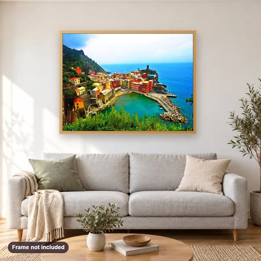 Amazing Tourist Place in Europe diamond painting shown framed on a living room wall above a sofa
