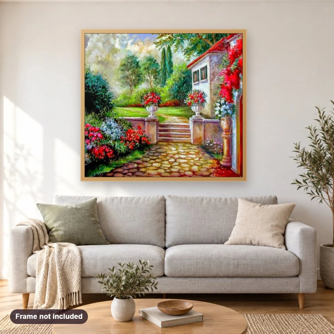 Amazing Villa with Beautiful Garden diamond painting shown framed on a living room wall above a sofa