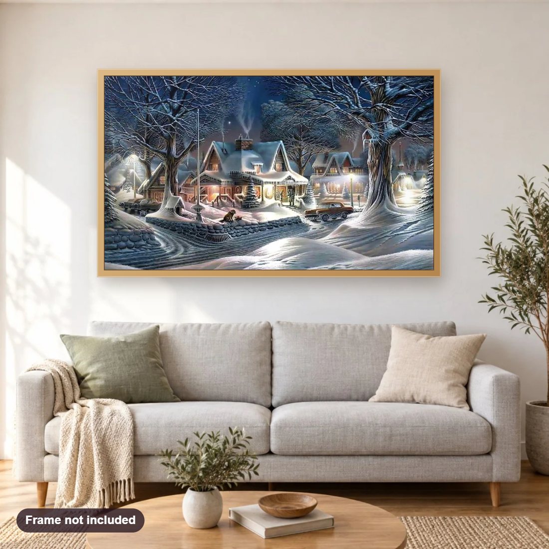 Amazing Winter Night & Snow diamond painting shown framed on a living room wall above a sofa