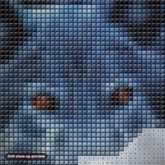 Close-up preview of the Amazing Wolf with Orange Eyes diamond painting with square 5D drills and printed canvas symbols