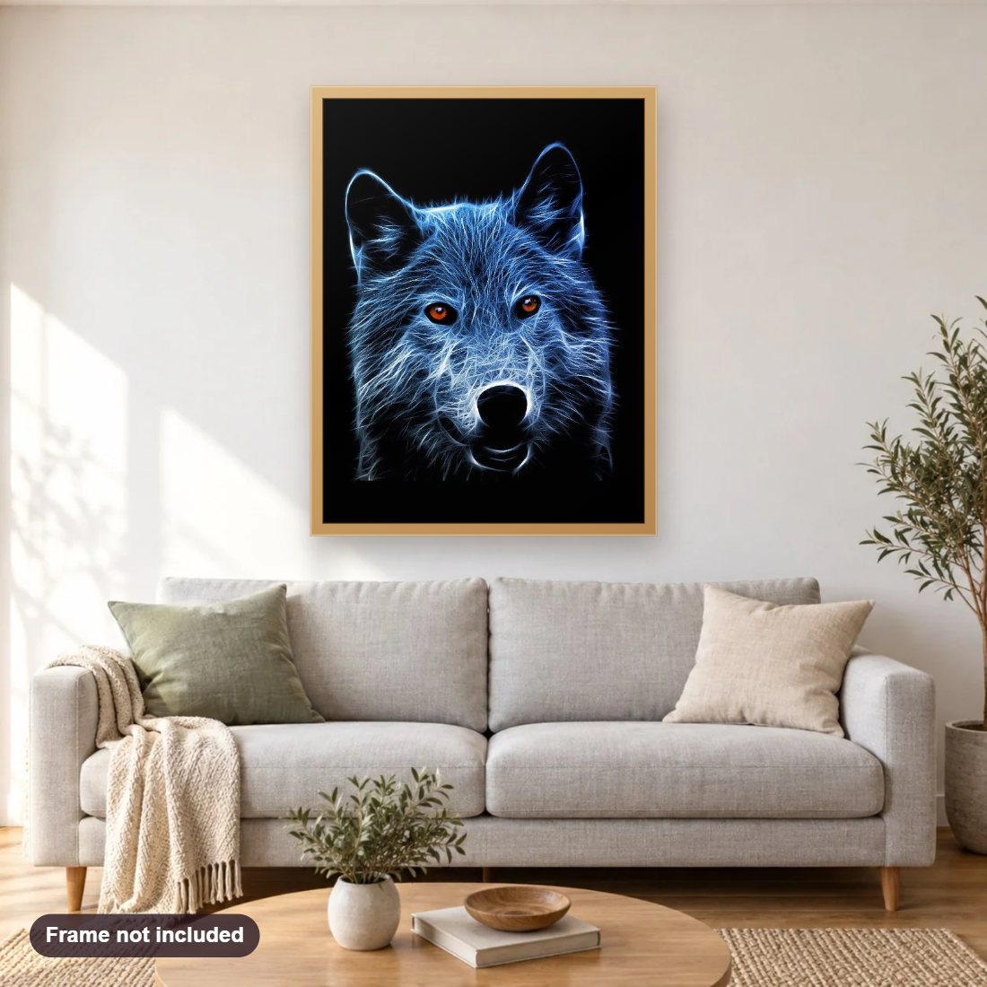 Amazing Wolf with Orange Eyes diamond painting shown framed on a living room wall above a sofa