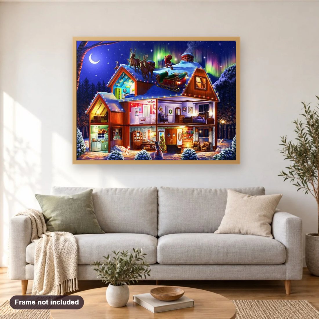 Amazingly Beautiful Christmas House diamond painting shown framed on a living room wall above a sofa