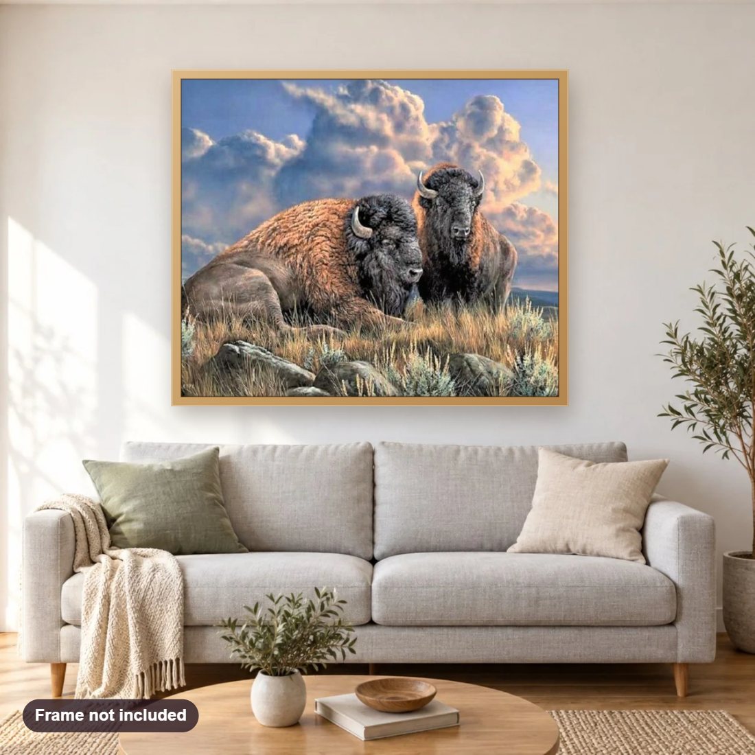 American Bison diamond painting shown framed on a living room wall above a sofa