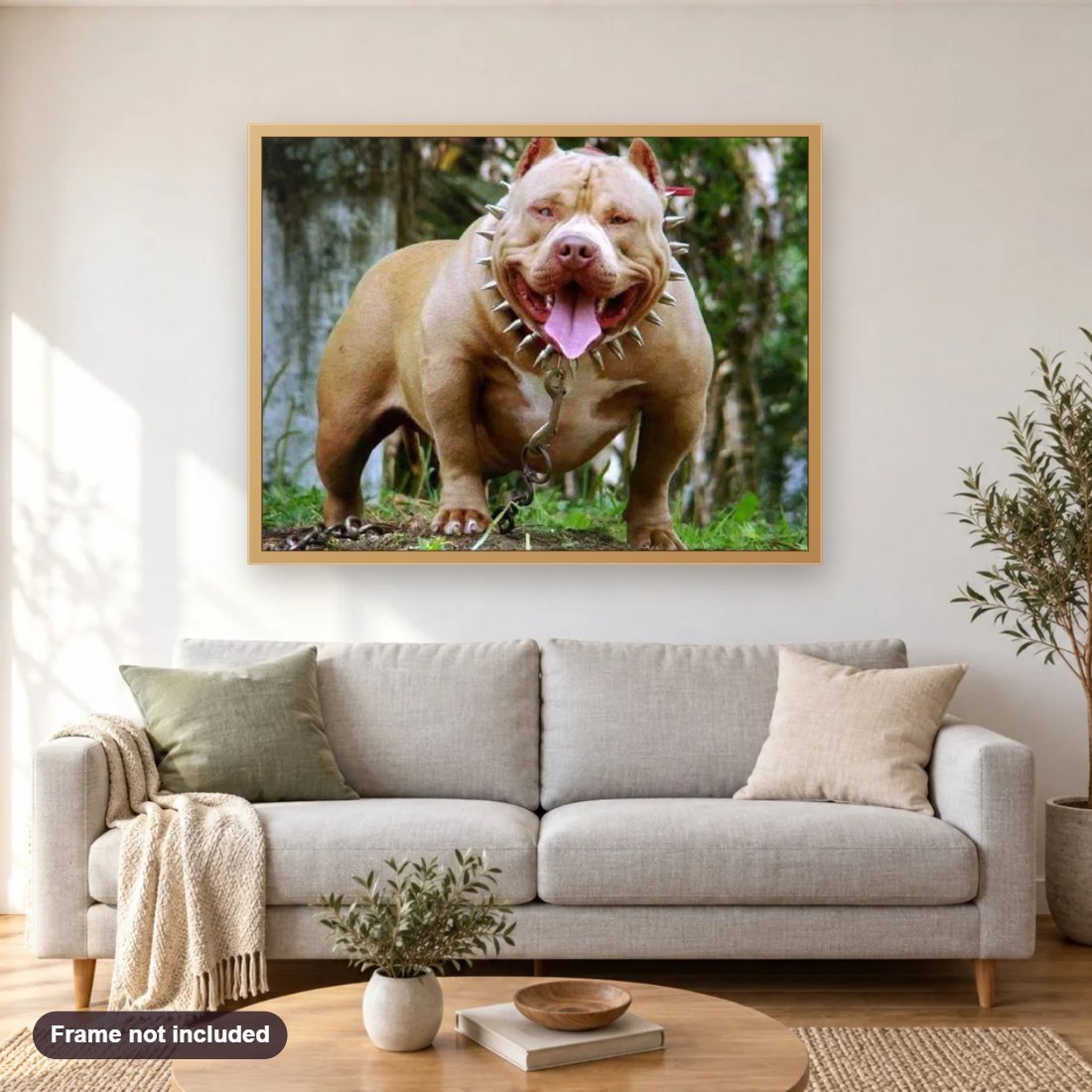 American Pit Bull Terrier Dog diamond painting shown framed on a living room wall above a sofa