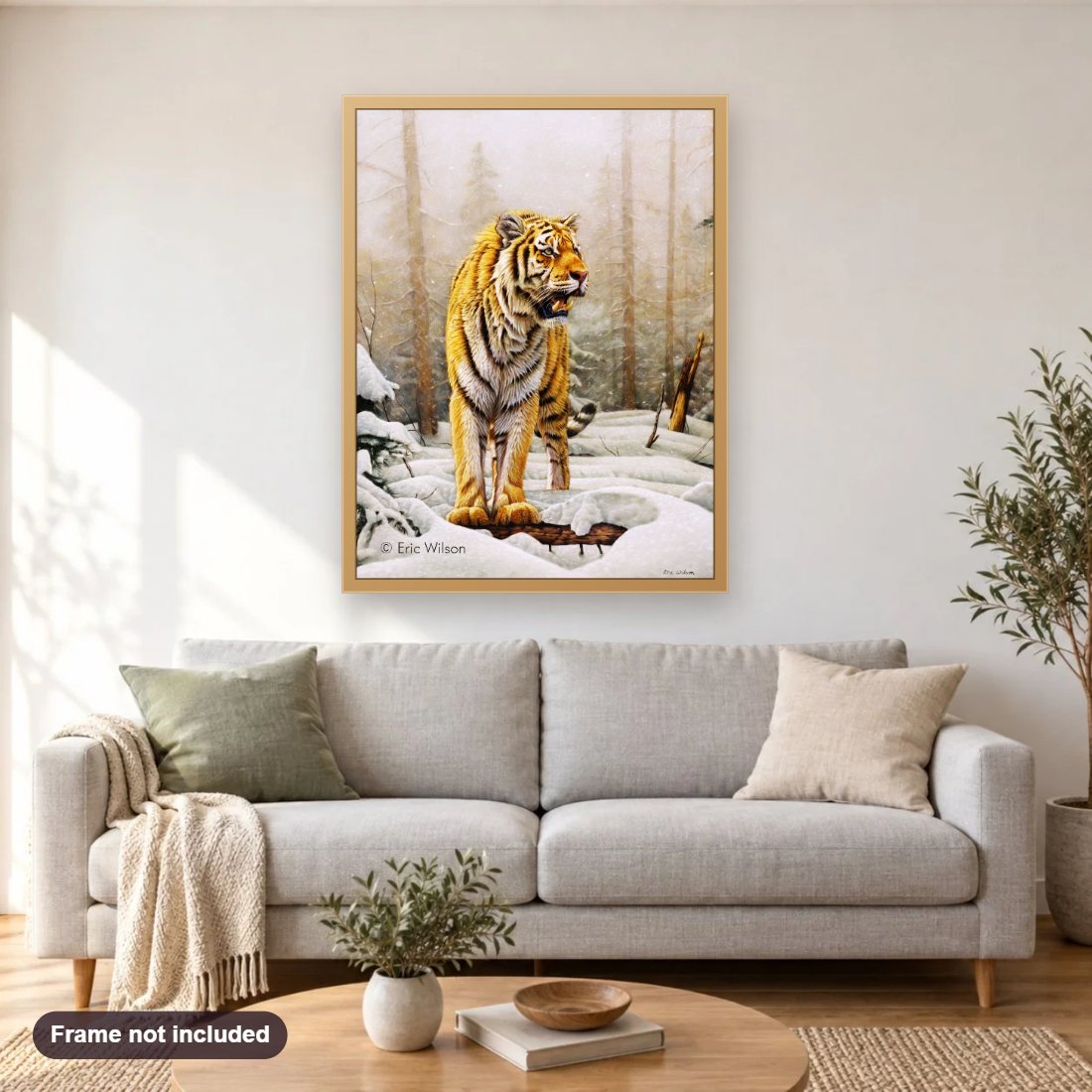 Amur Siberian Tiger diamond painting shown framed on a living room wall above a sofa
