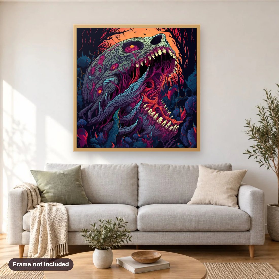 An Angry Monster diamond painting shown framed on a living room wall above a sofa