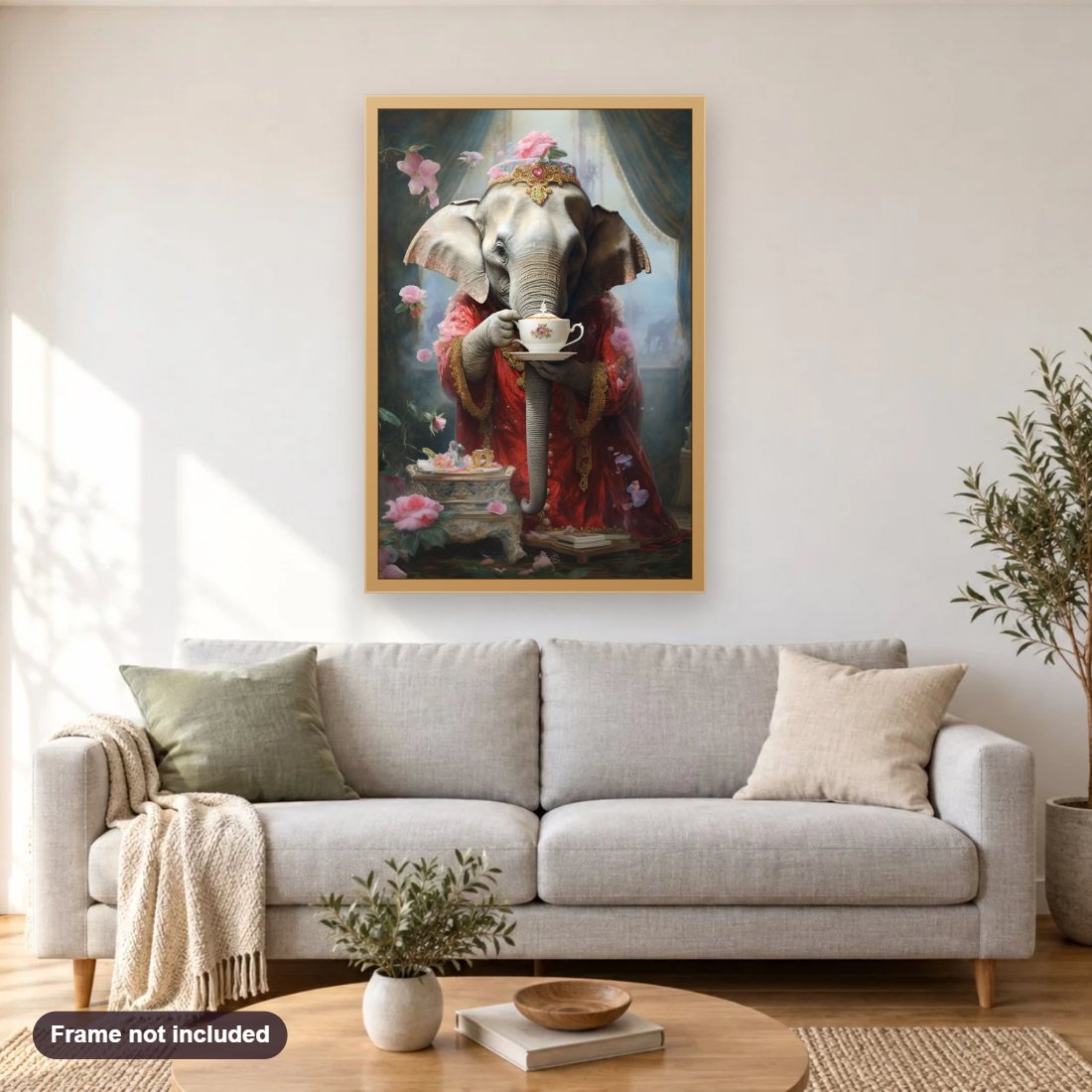 An Elephant Queen diamond painting shown framed on a living room wall above a sofa
