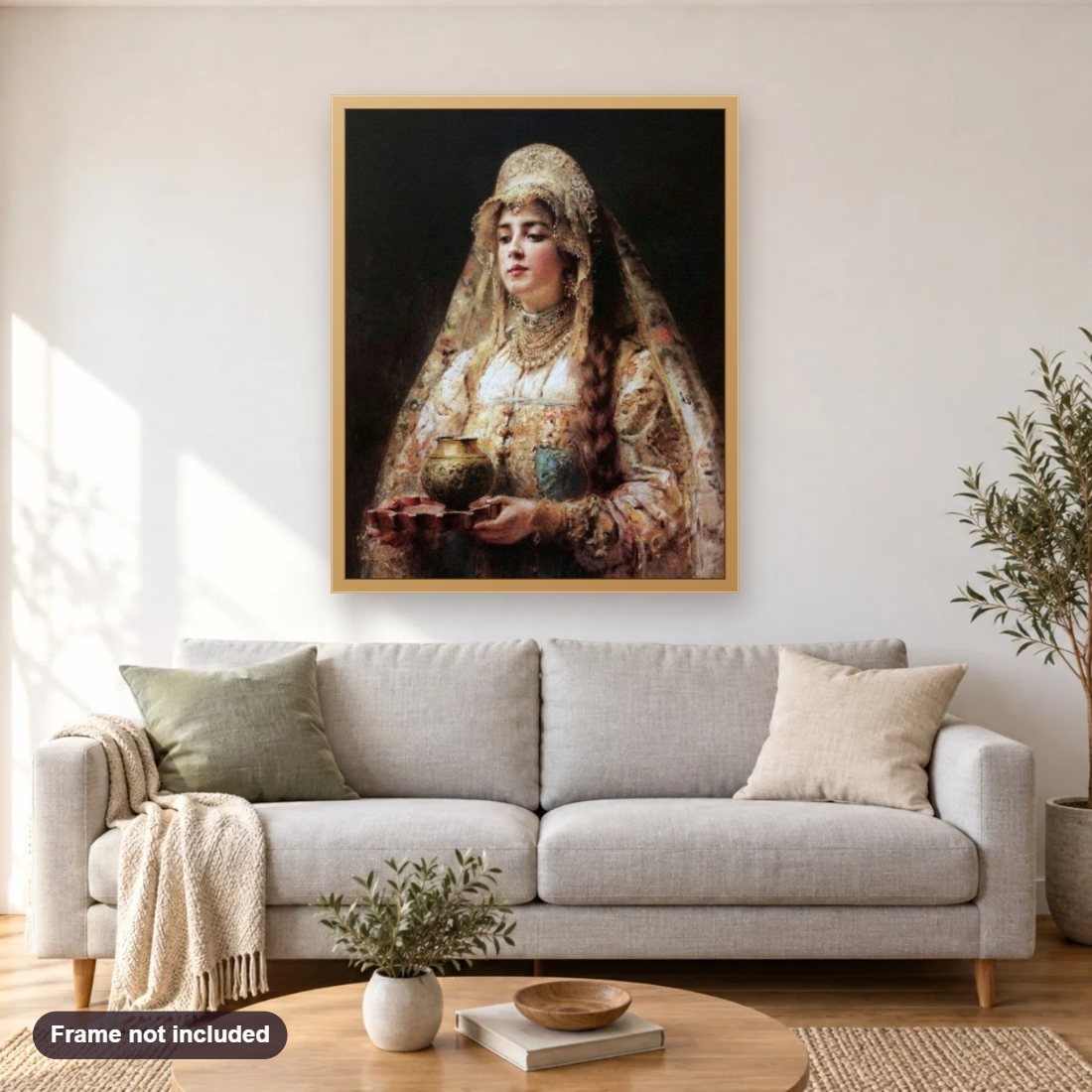 Anastasia Romanovna diamond painting shown framed on a living room wall above a sofa