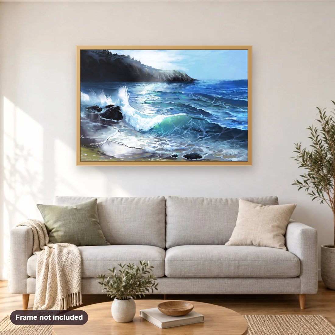 Anchor Bay diamond painting shown framed on a living room wall above a sofa