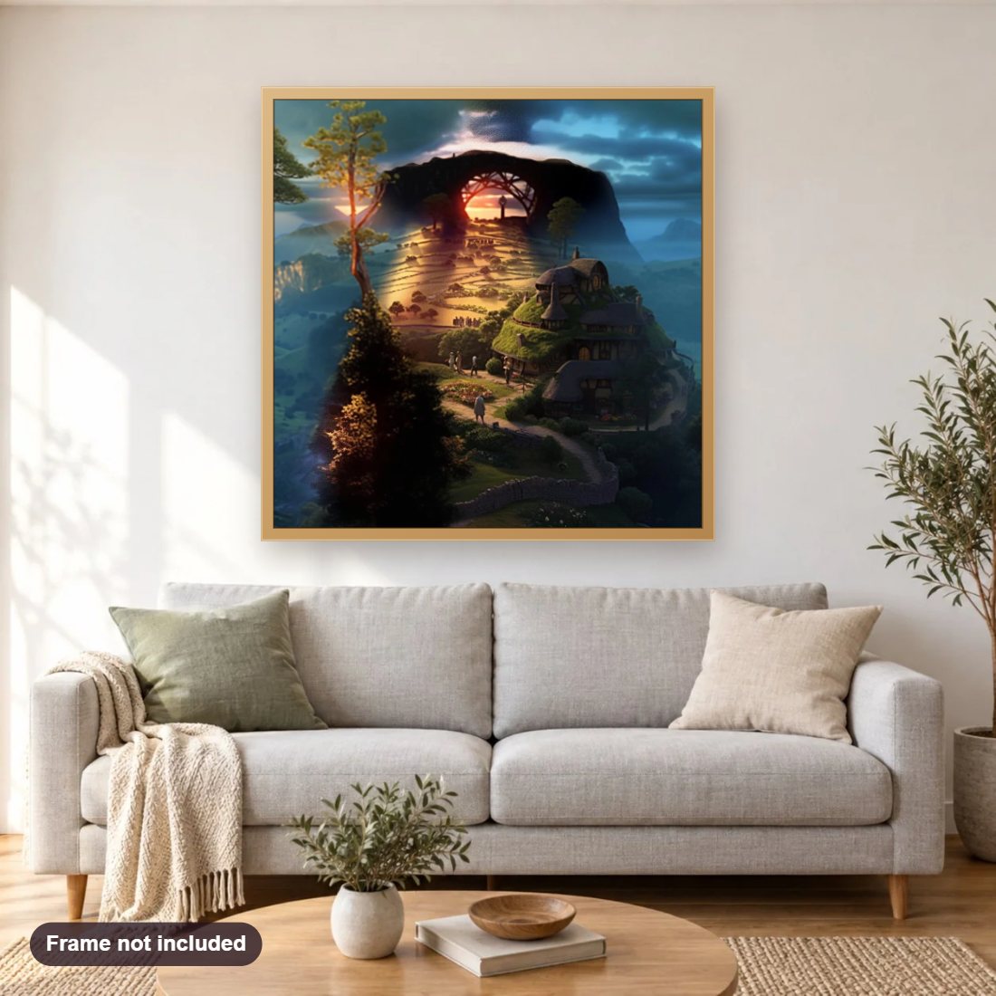 Ancient Valley on Mountains diamond painting shown framed on a living room wall above a sofa