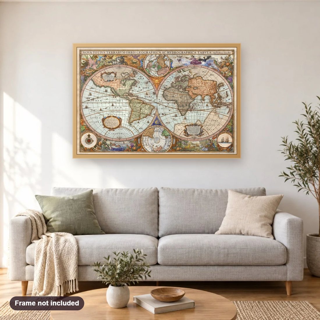 Ancient World Map diamond painting shown framed on a living room wall above a sofa