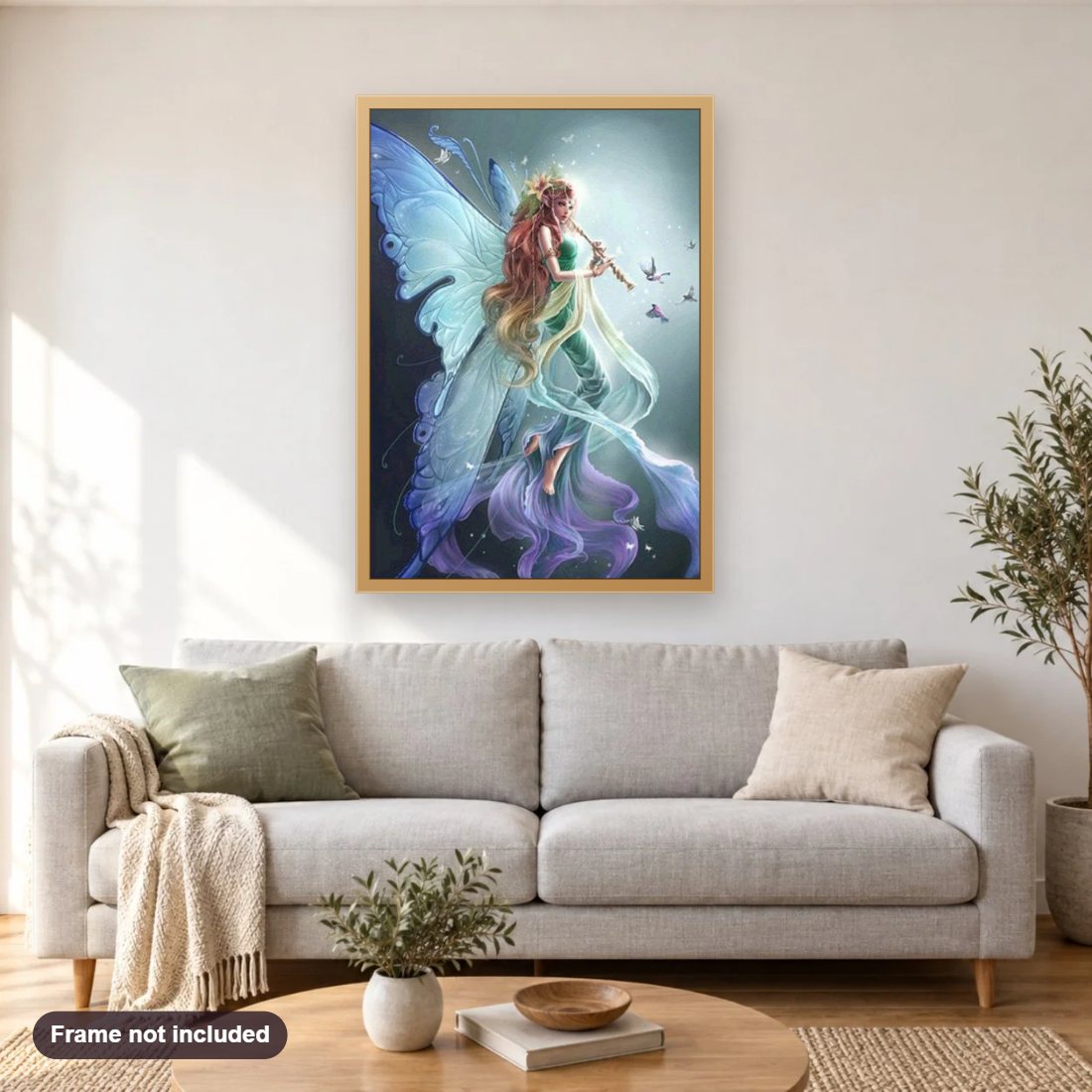Angel Girl Playing Flute diamond painting shown framed on a living room wall above a sofa