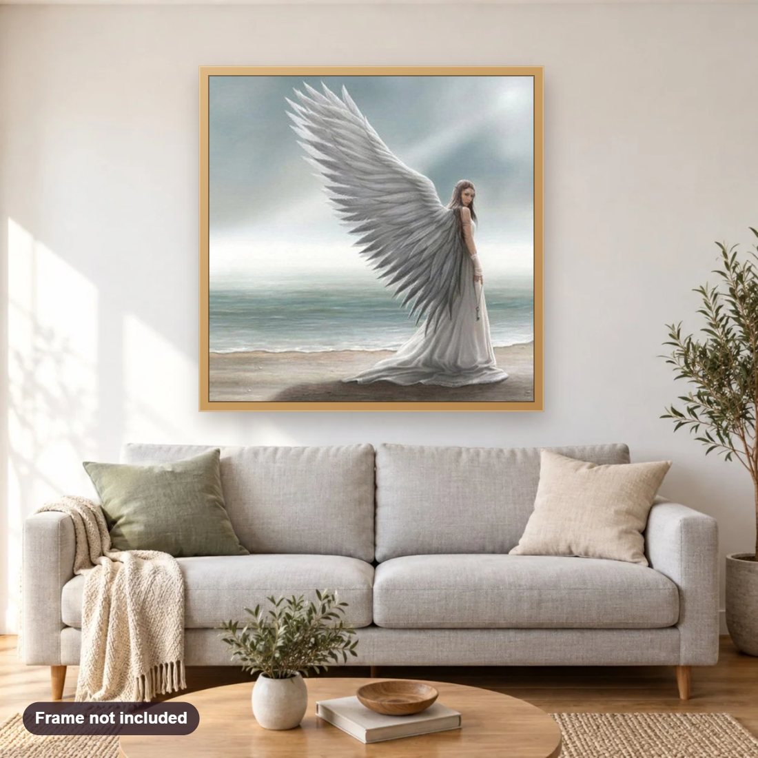 Angel with Beautiful Wings diamond painting shown framed on a living room wall above a sofa
