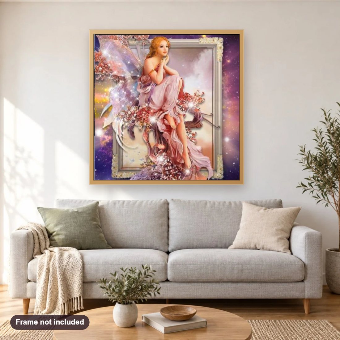 Angelic Beauty diamond painting shown framed on a living room wall above a sofa
