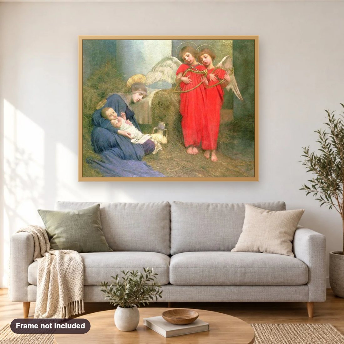 Angels Entertaining the Holy Child diamond painting shown framed on a living room wall above a sofa