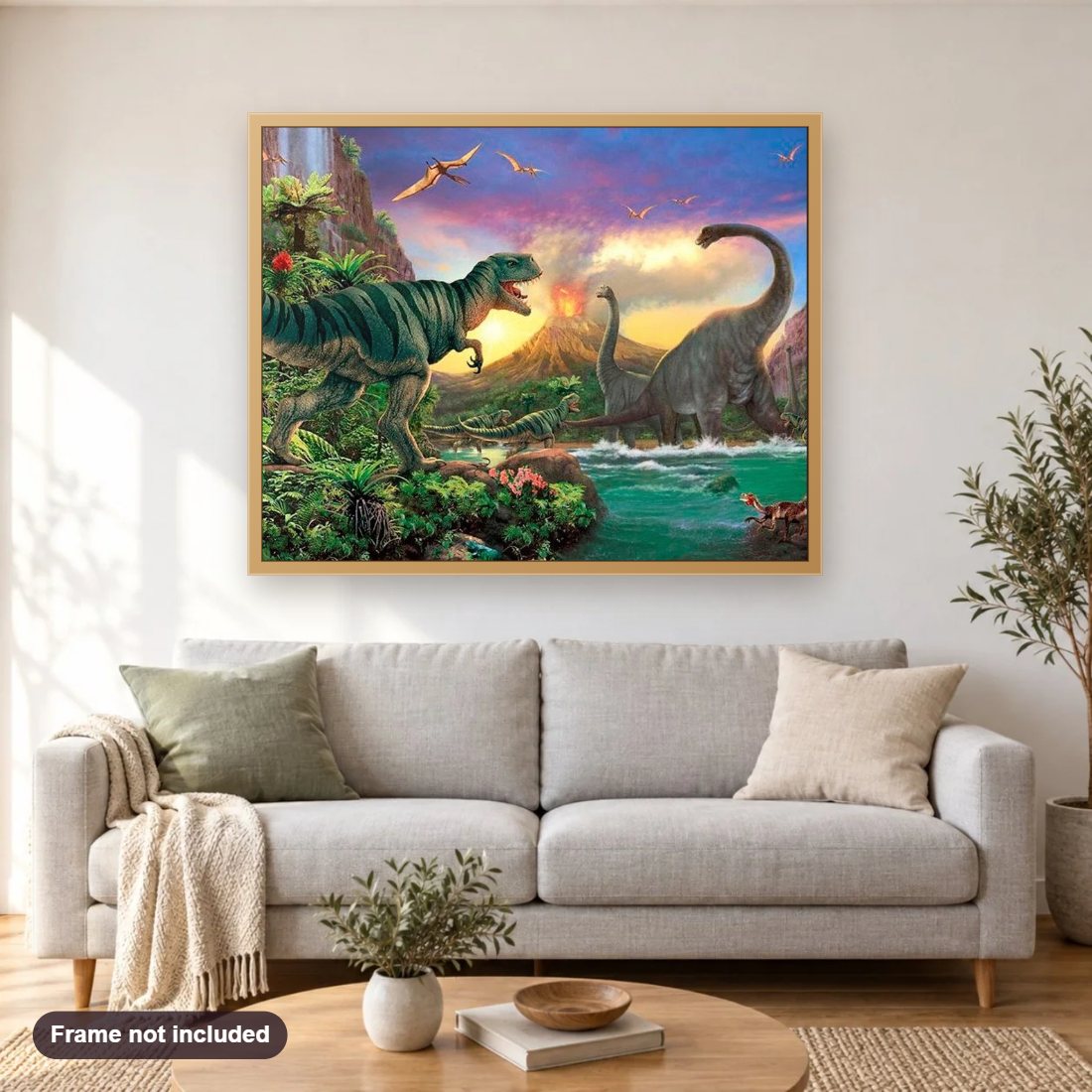 Angry Dinosaurs diamond painting shown framed on a living room wall above a sofa