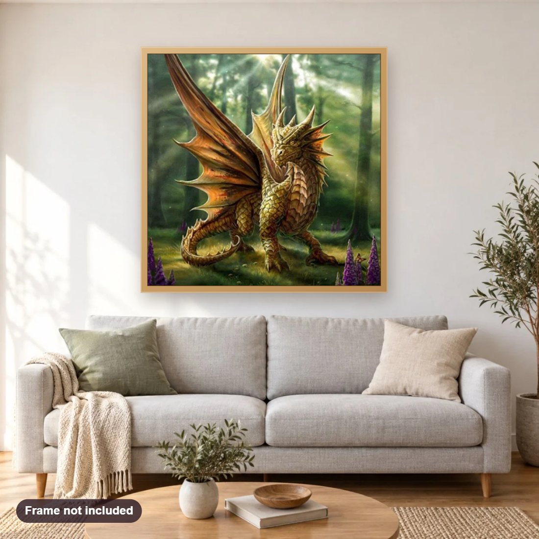 Angry Dragon diamond painting shown framed on a living room wall above a sofa