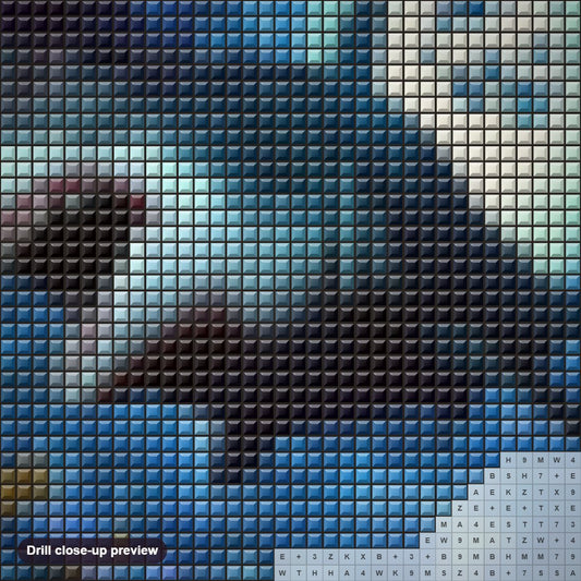 Close-up preview of the Angry Shark diamond painting with square 5D drills and printed canvas symbols