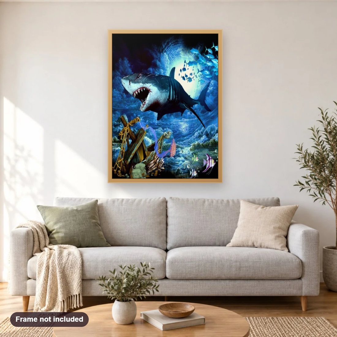 Angry Shark diamond painting shown framed on a living room wall above a sofa