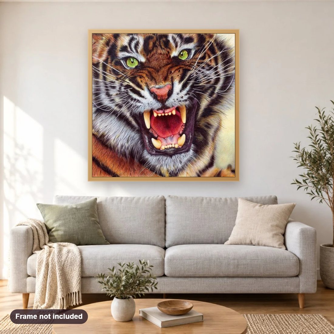 Angry Tiger diamond painting shown framed on a living room wall above a sofa