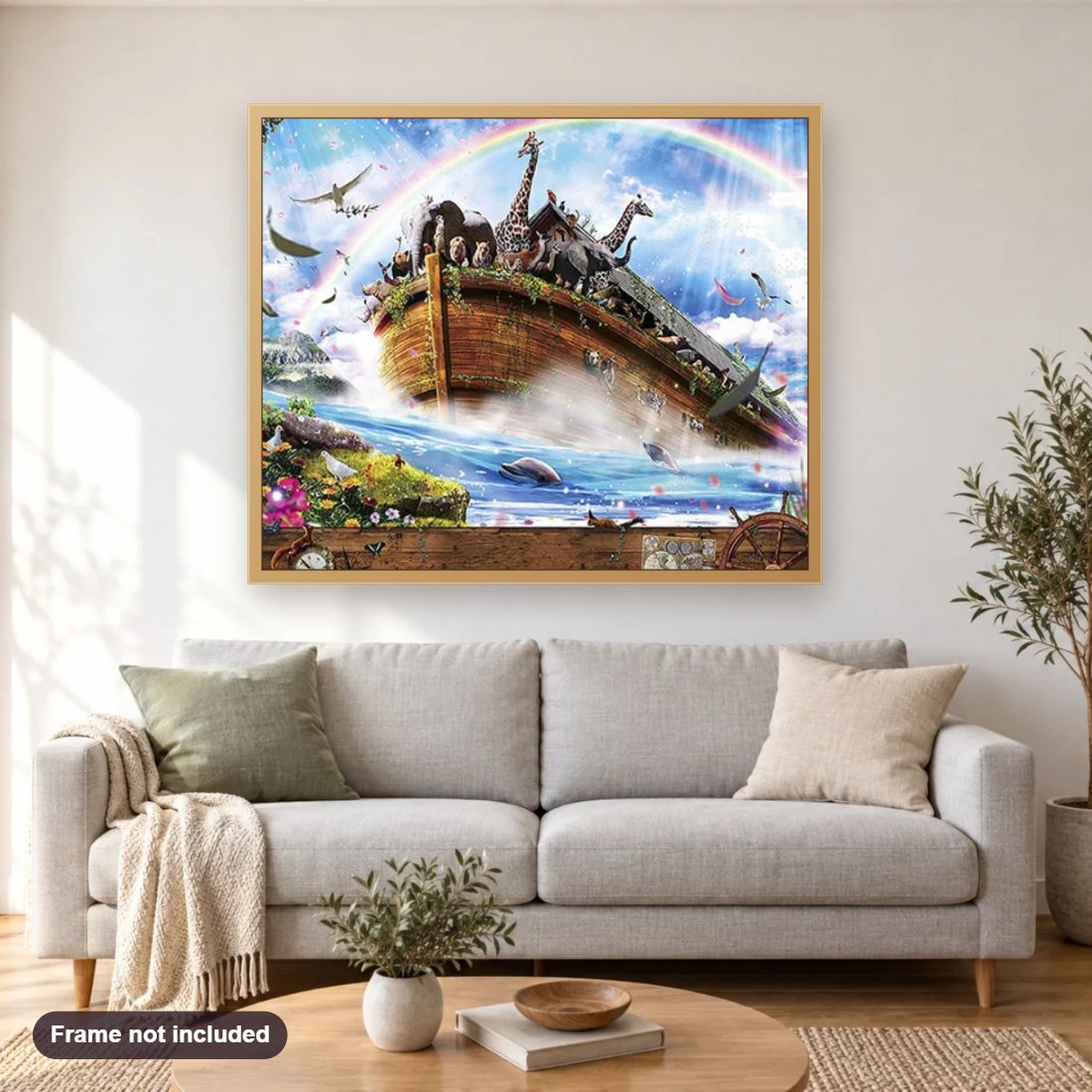 Animal's World diamond painting shown framed on a living room wall above a sofa