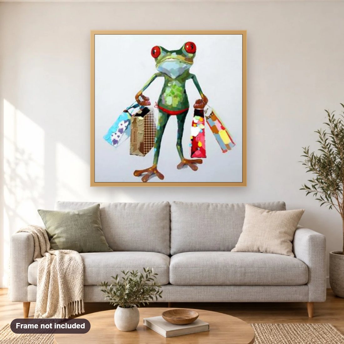 Animated Frog diamond painting shown framed on a living room wall above a sofa