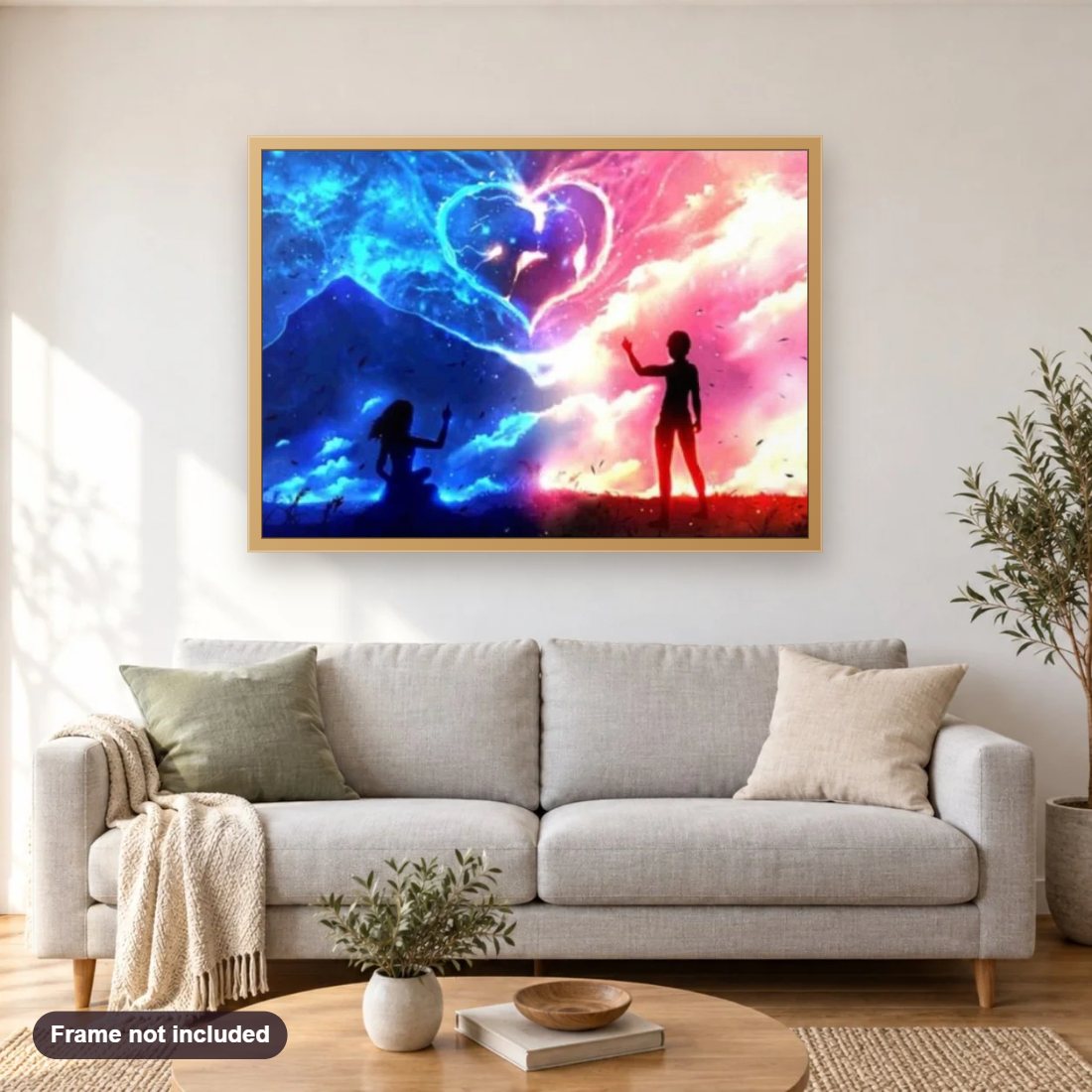Anime Couple diamond painting shown framed on a living room wall above a sofa