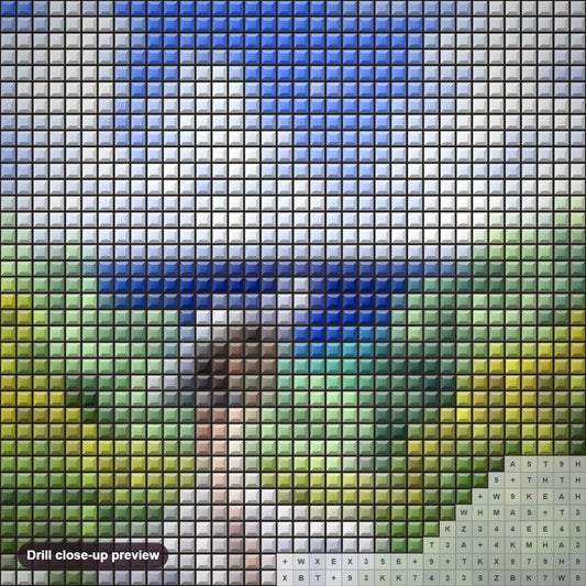 Close-up preview of the Anime Girl in Sunflowers Field diamond painting with square 5D drills and printed canvas symbols