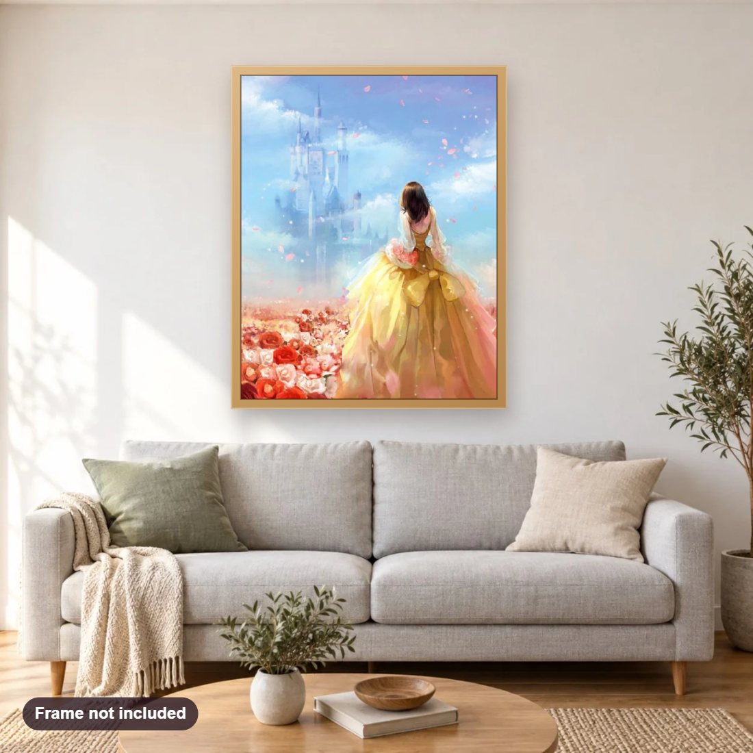Anime Princess & her Castle diamond painting shown framed on a living room wall above a sofa