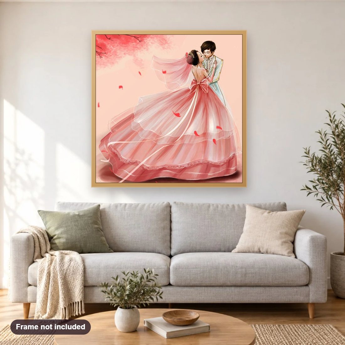 Anime Wedding Couple diamond painting shown framed on a living room wall above a sofa