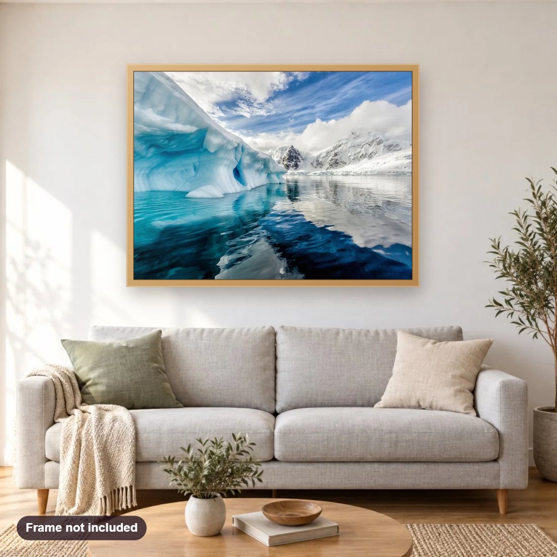 Antarctic Iceberg diamond painting shown framed on a living room wall above a sofa